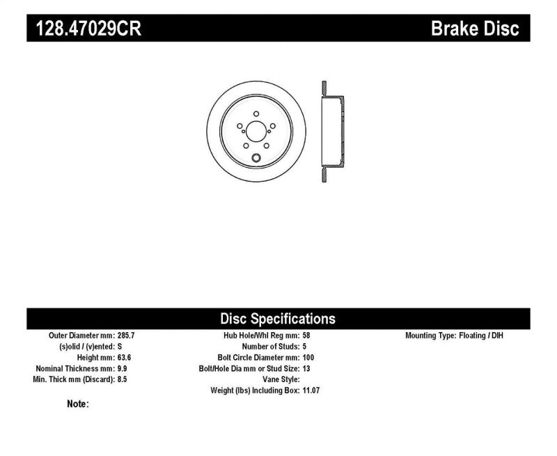 StopTech - Sport Series Drilled 1-Piece Rear Passenger Side Brake Rotor - Subaru 12-14 WRX / 13-16 BRZ / +More