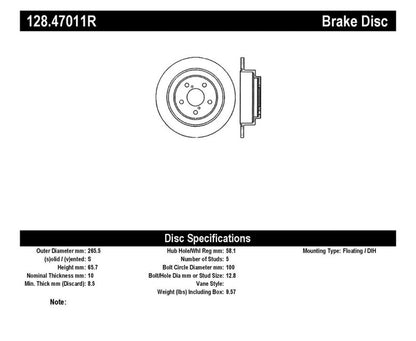 StopTech - Rear Drilled Right Brake Rotor - Subaru Legacy 90-99 / Impreza 93-07 / Forester 98-08